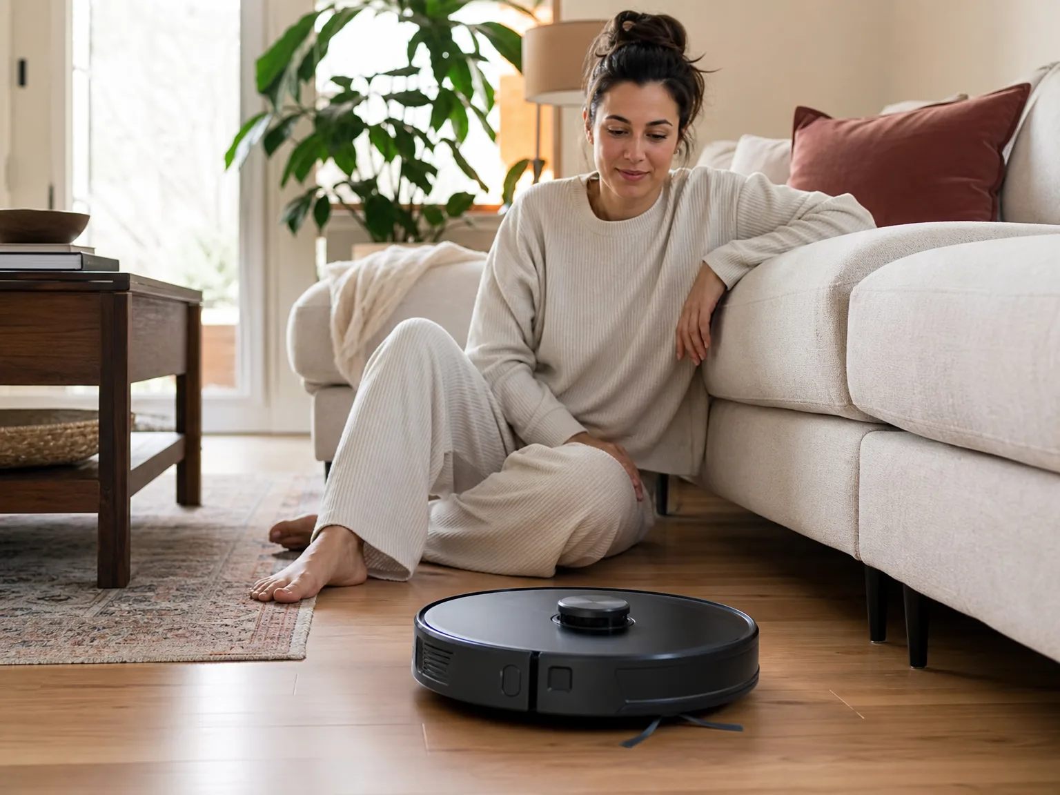 Woman watching a slim robot vacuum clean sealed hardwood near a cream sofa in a sunlit living room