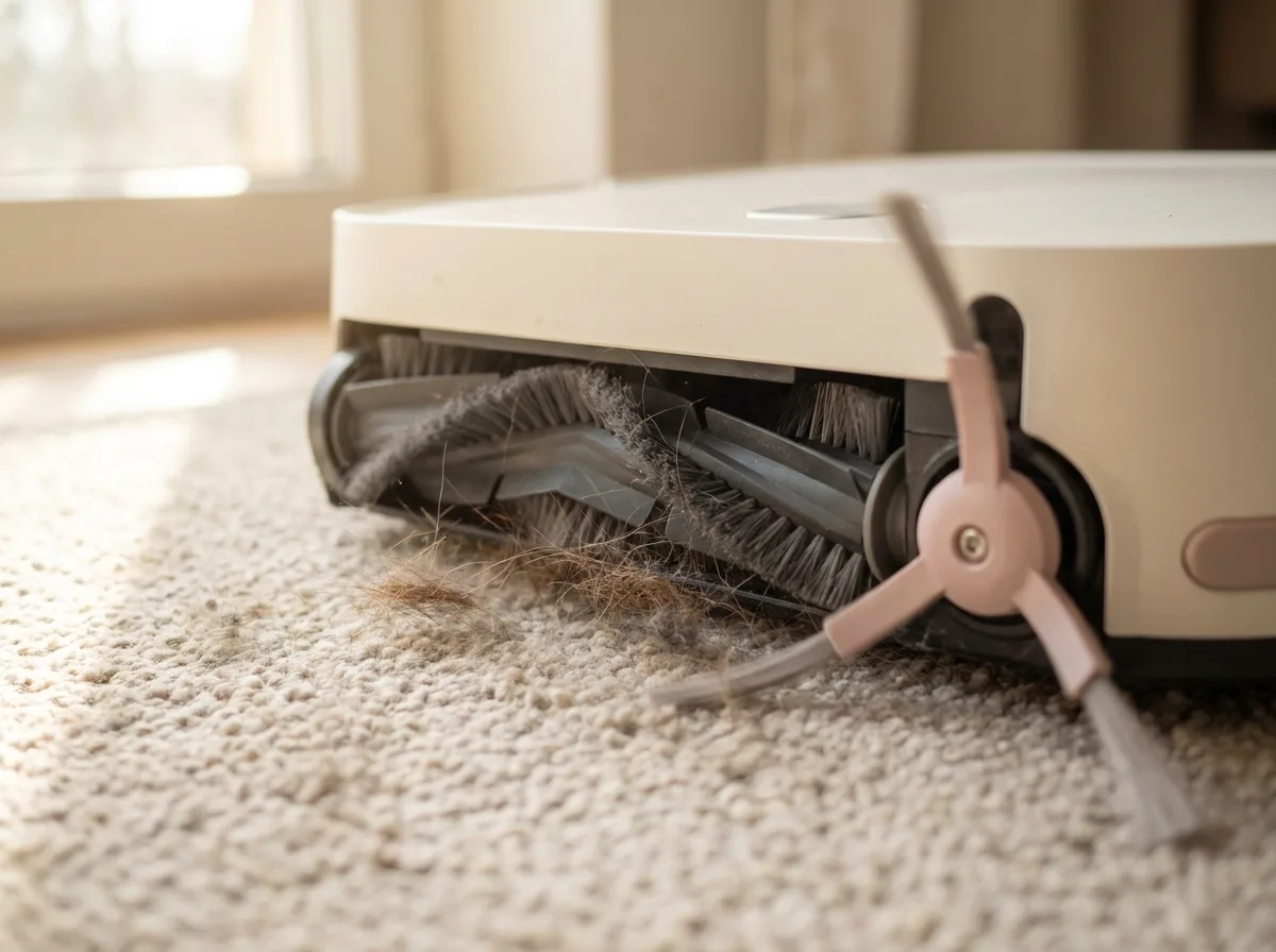 Close-up of a robot vacuum's roller brush lifting dog hair and fine dust from a light beige low-pile rug