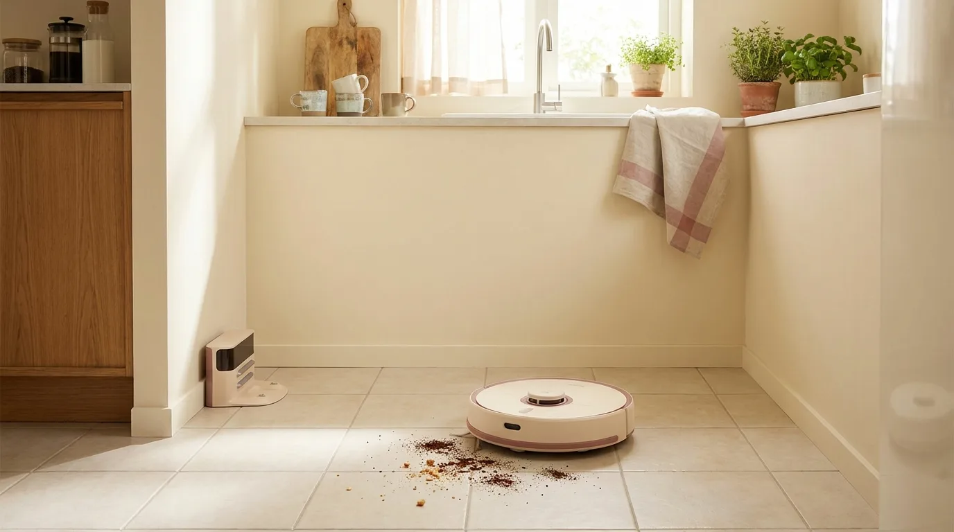 A eufy C28 robot vacuum and its dock station in a bright kitchen with light tile flooring, morning sunlight, crumbs scattered on the floor