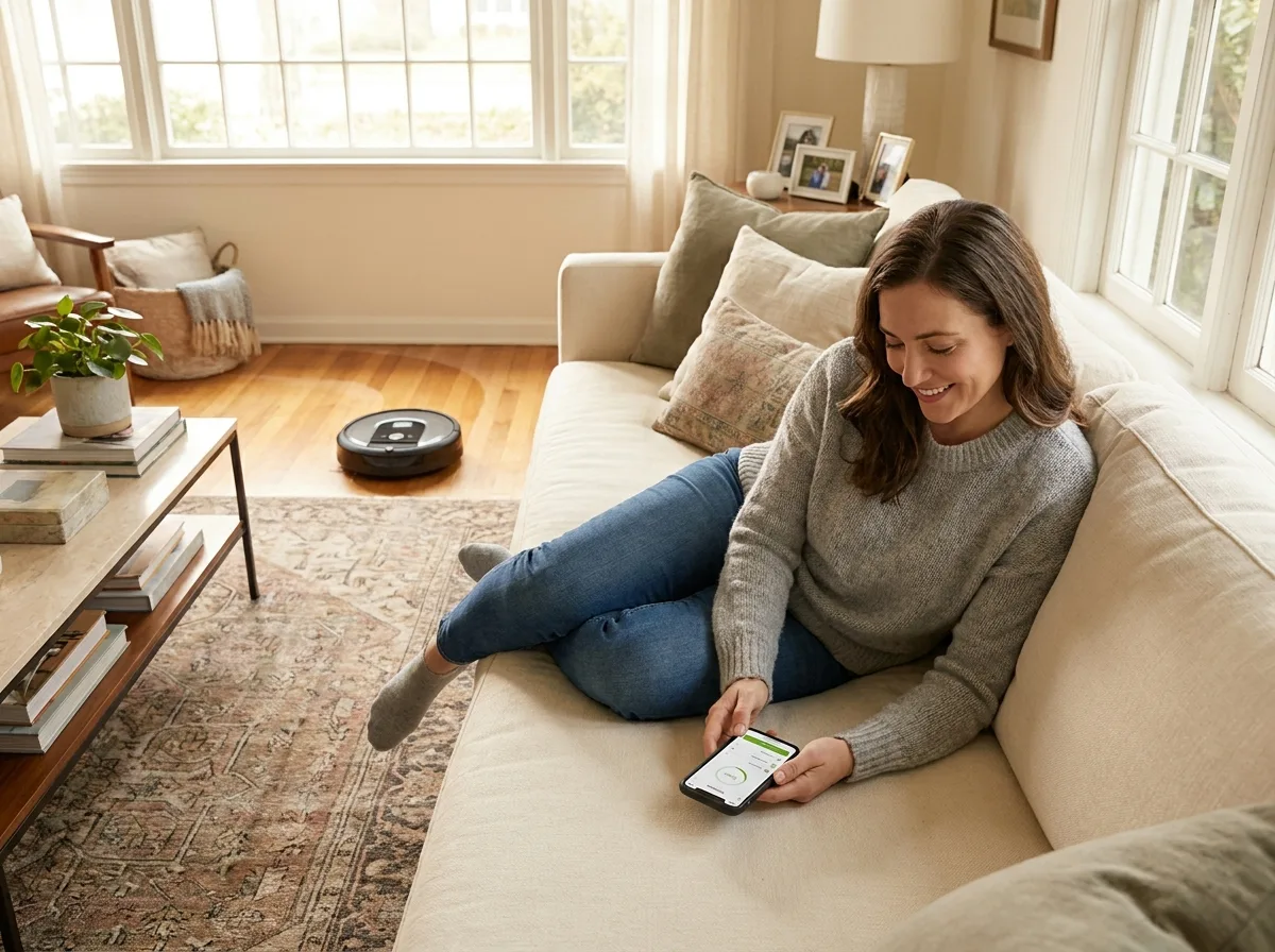 A woman in her early thirties sitting on a cream sofa using a phone, robot vacuum visible in the background cleaning a hardwood floor