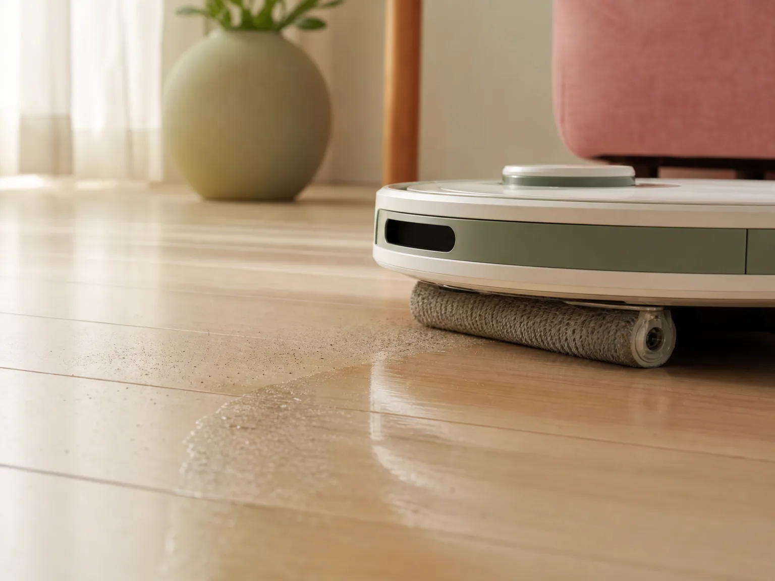 Close-up of a roller mop wetting sealed hardwood while a robot vacuum path clears fine dust in warm window light