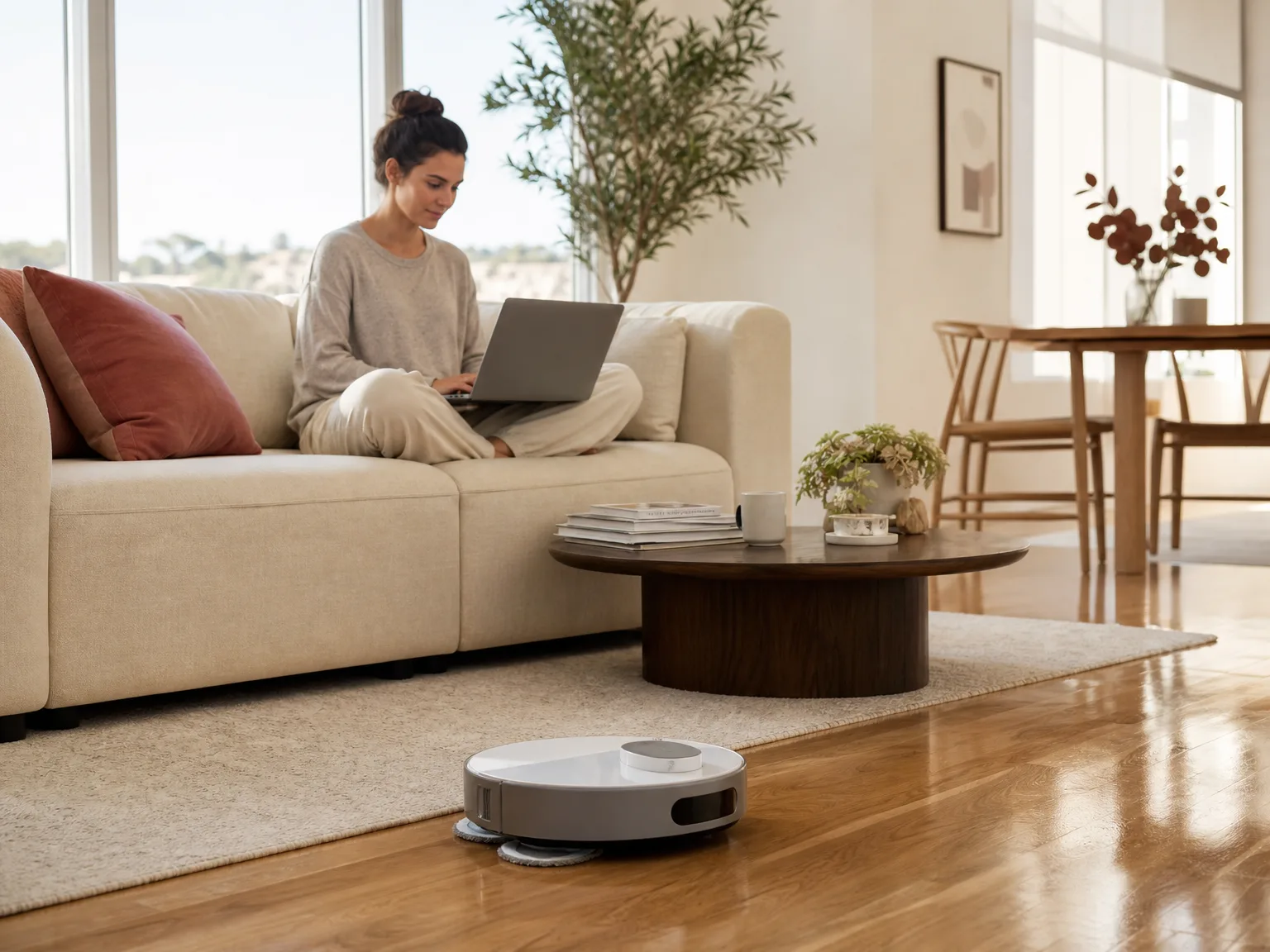 Woman working on a laptop on a cream sofa while a robot vacuum mops sealed hardwood nearby in sunlit warm light