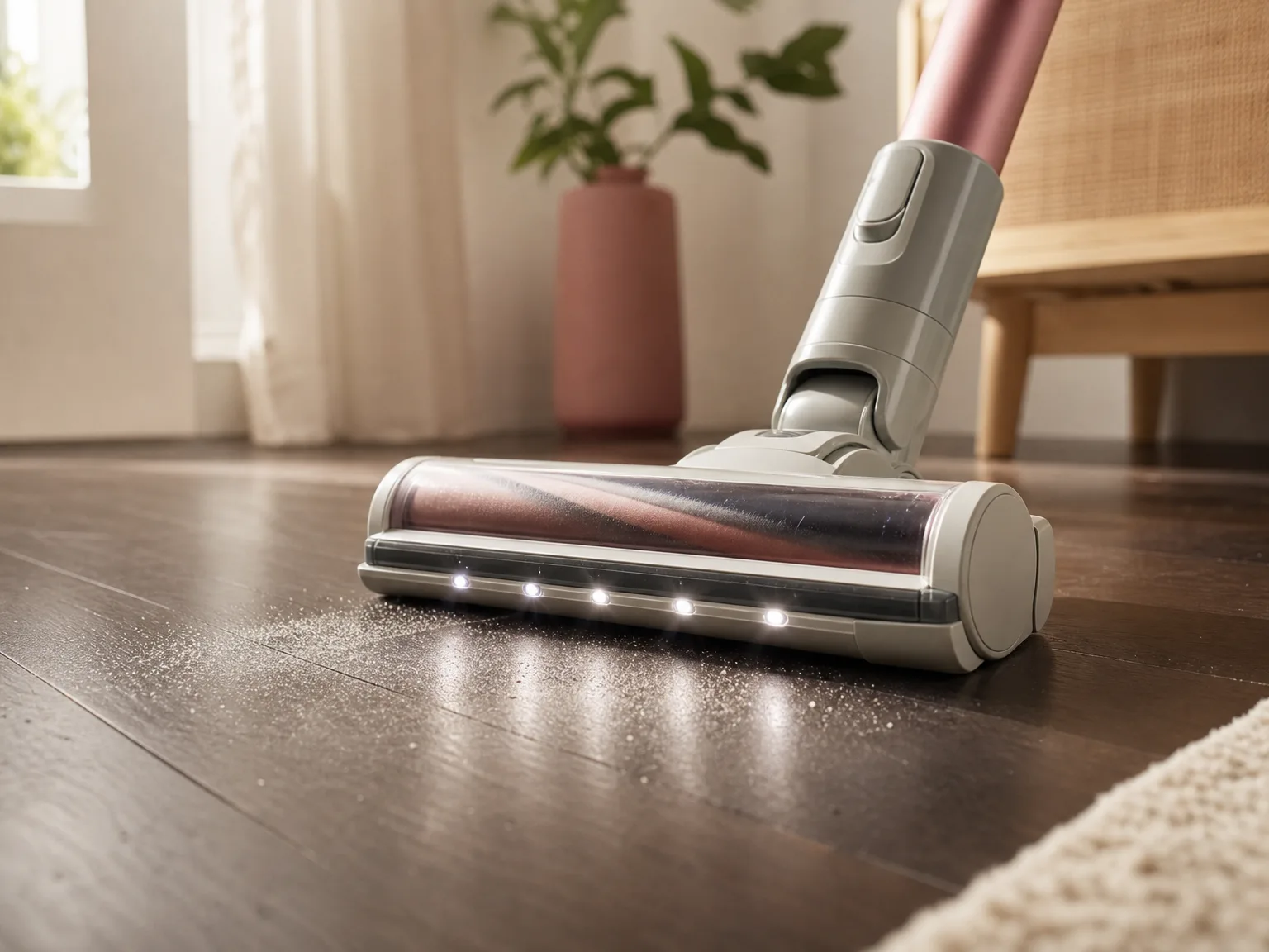 Close-up of a cordless stick vacuum floor nozzle with LED lights showing dust on hard floors