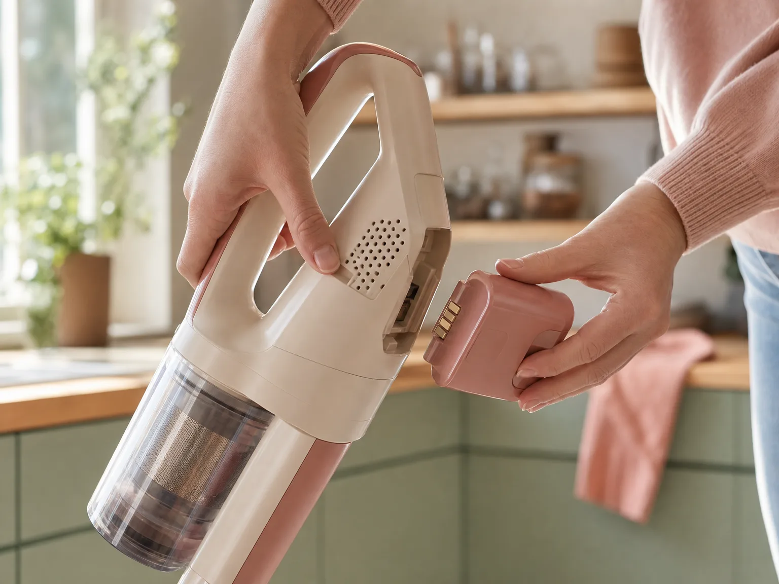 Close-up of a cordless stick vacuum detachable battery pack being swapped on the handle