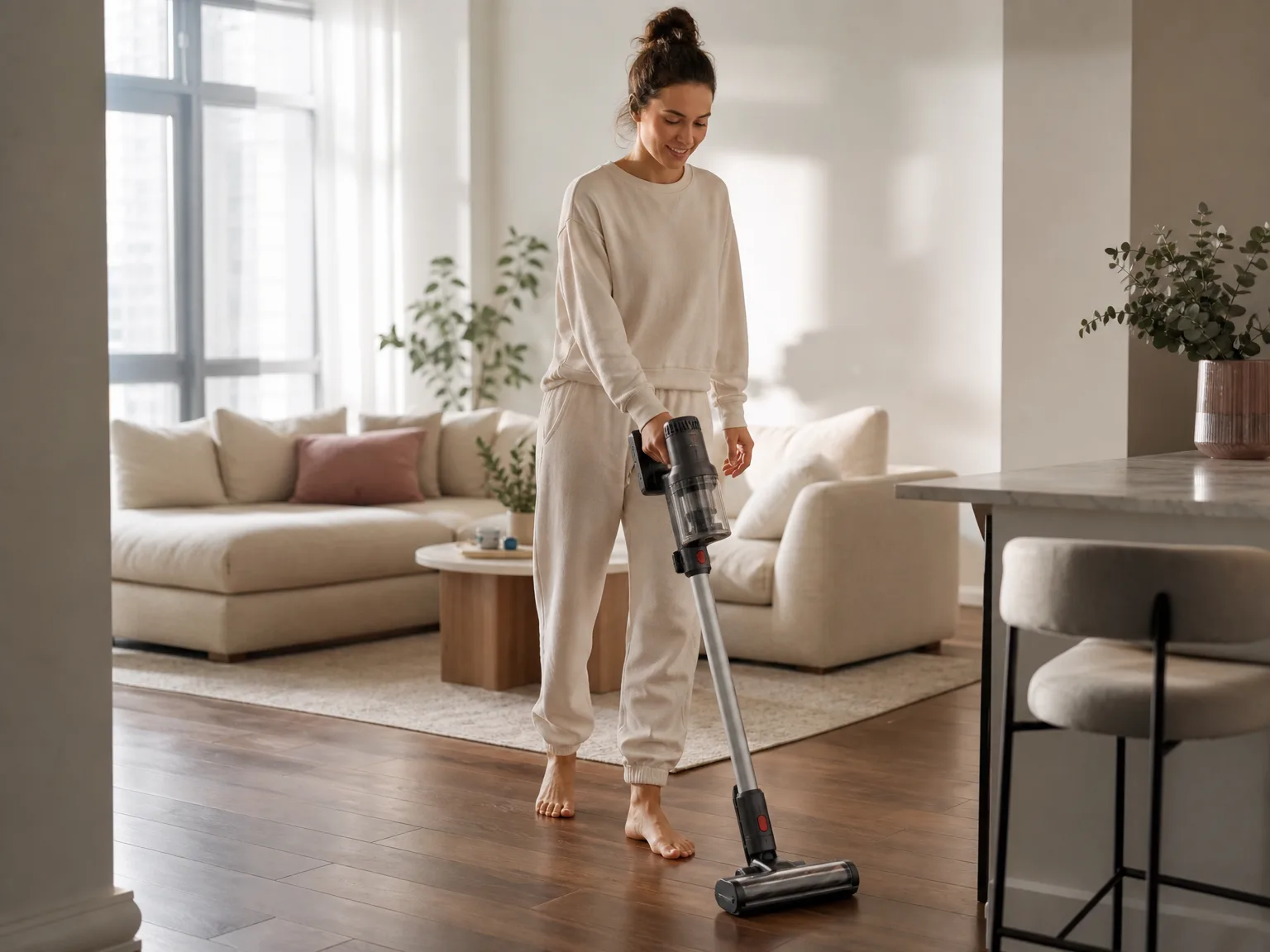Woman vacuuming hard floors in a sunlit apartment with a lightweight cordless stick vacuum