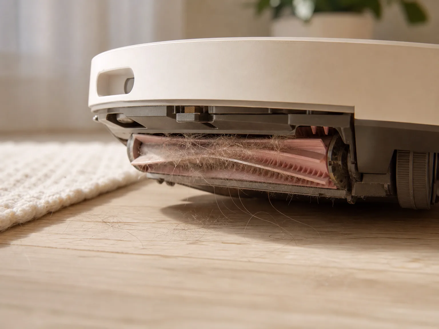 Close-up of a robot vacuum brushroll lifting short pet fur from cream hardwood near a rug edge