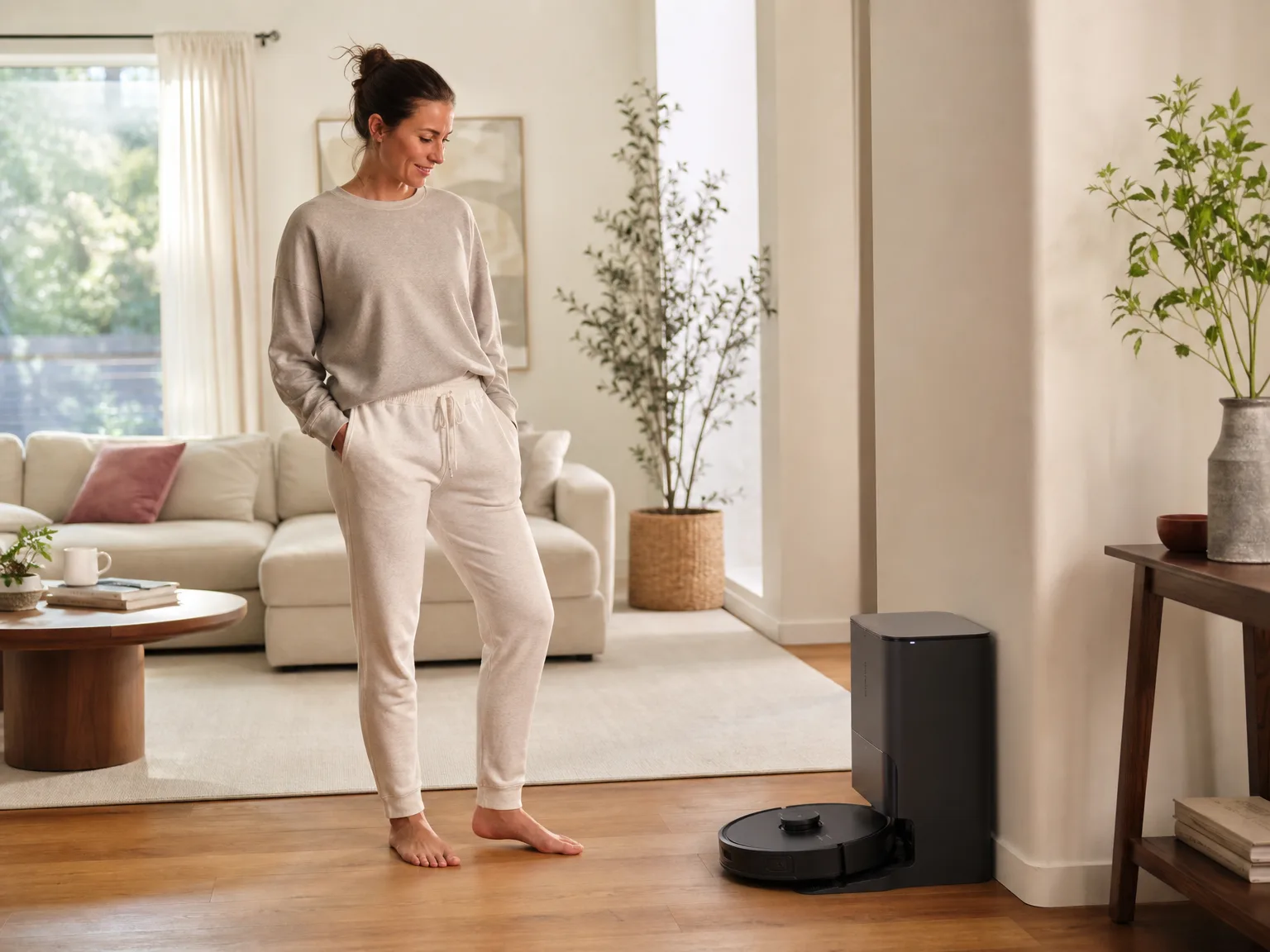 Woman in loungewear watching a robot vacuum dock at a self-empty station in a sunlit living room