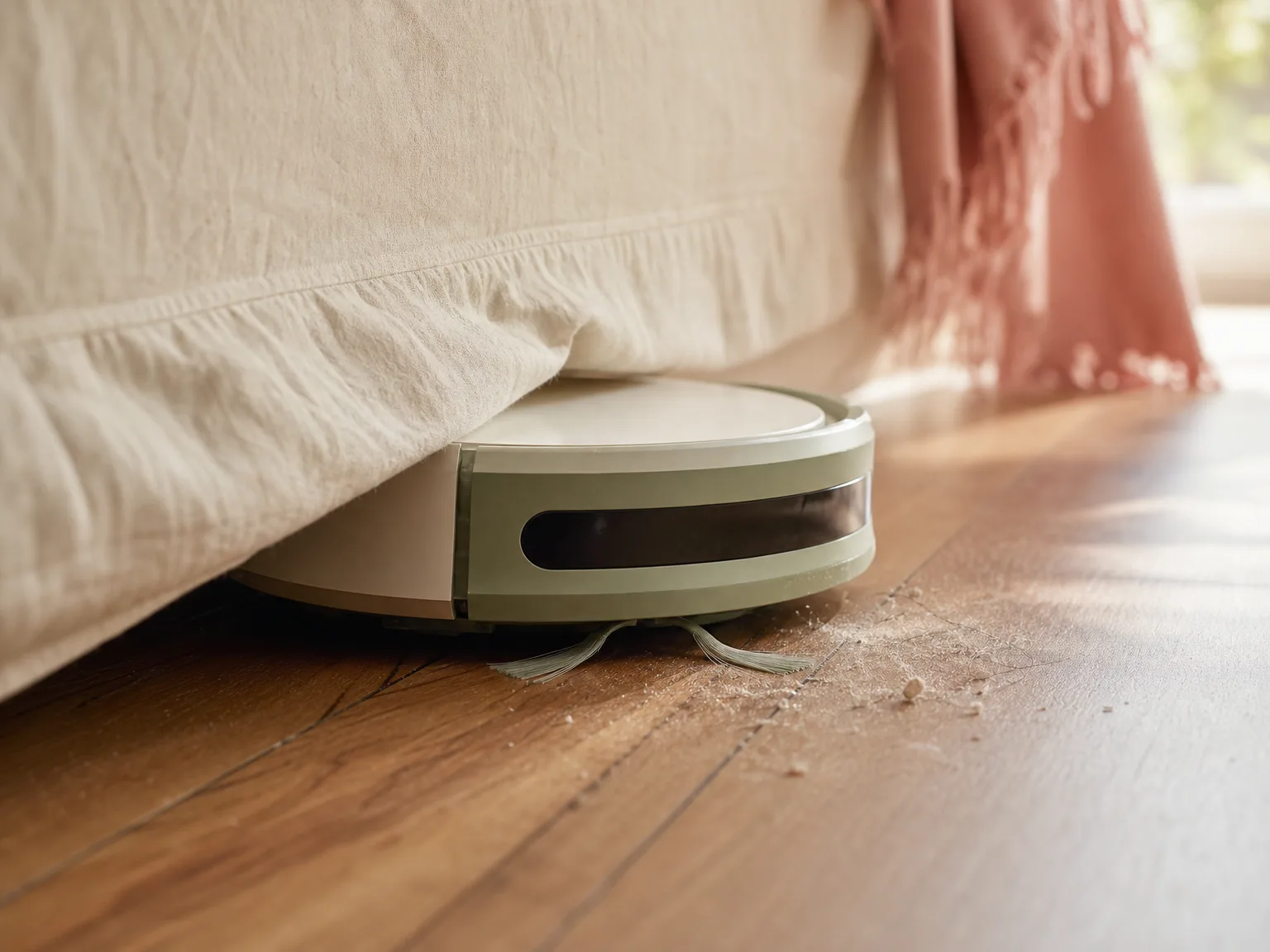 Slim robot vacuum sliding under a low sofa on hardwood, lifting dust and pet hair from the floor gap