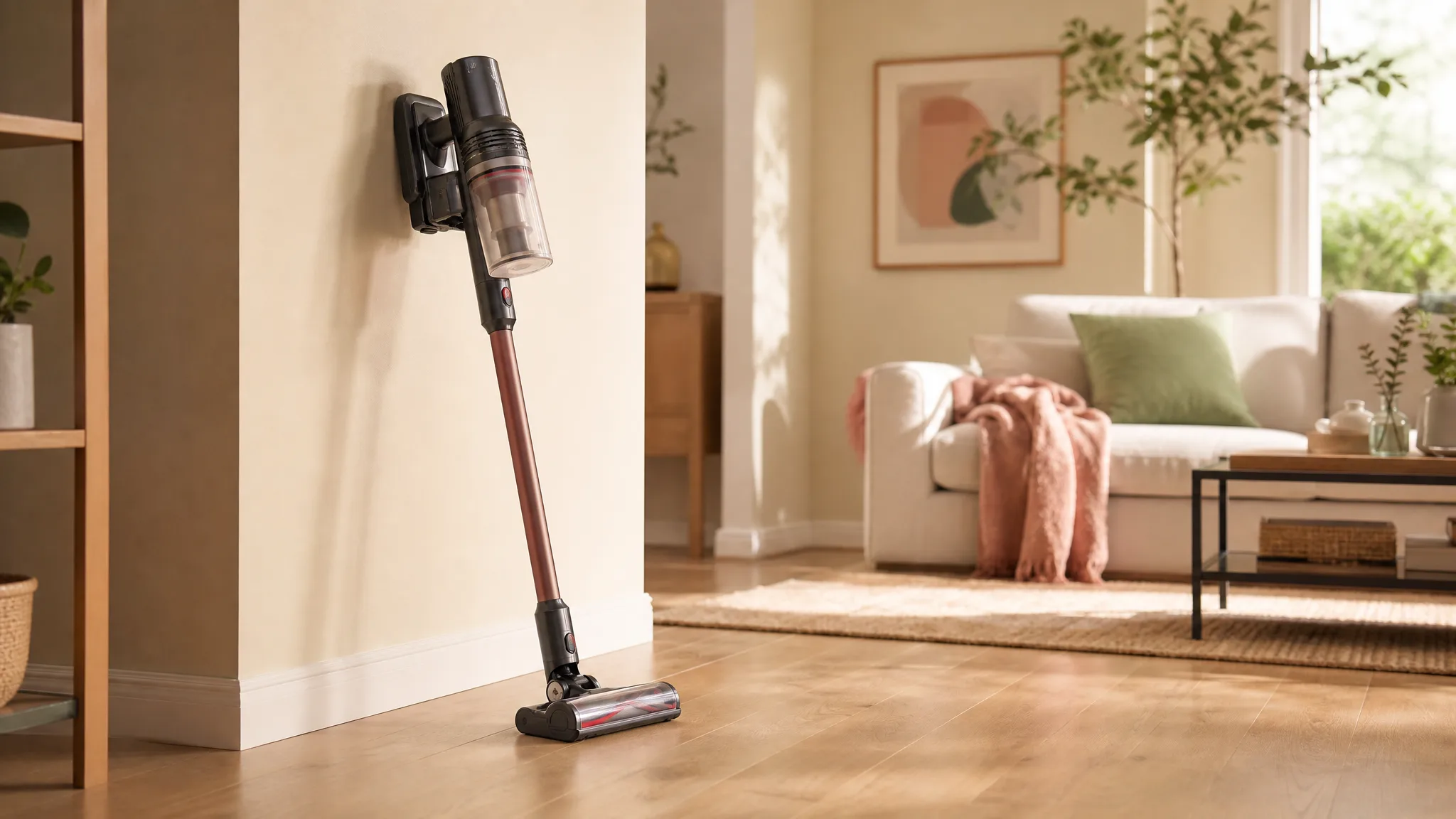 The Eureka ReactiClean 410 cordless stick vacuum leaning against a cream wall in a sunlit modern living room with hardwood floors
