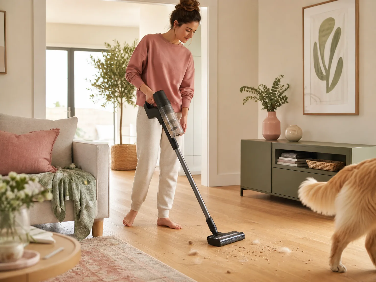 A woman using the Eureka cordless vacuum on hardwood floors with pet hair scattered in morning light