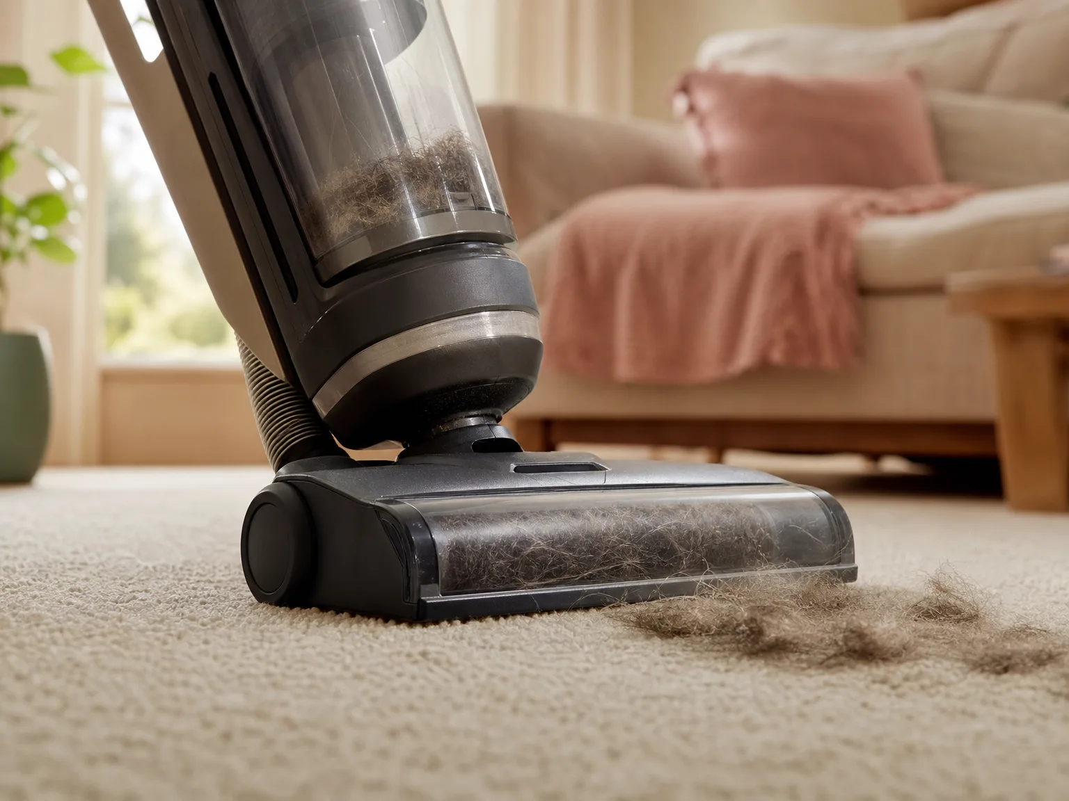 Close-up of an upright vacuum brush head lifting visible pet hair from a beige living-room carpet
