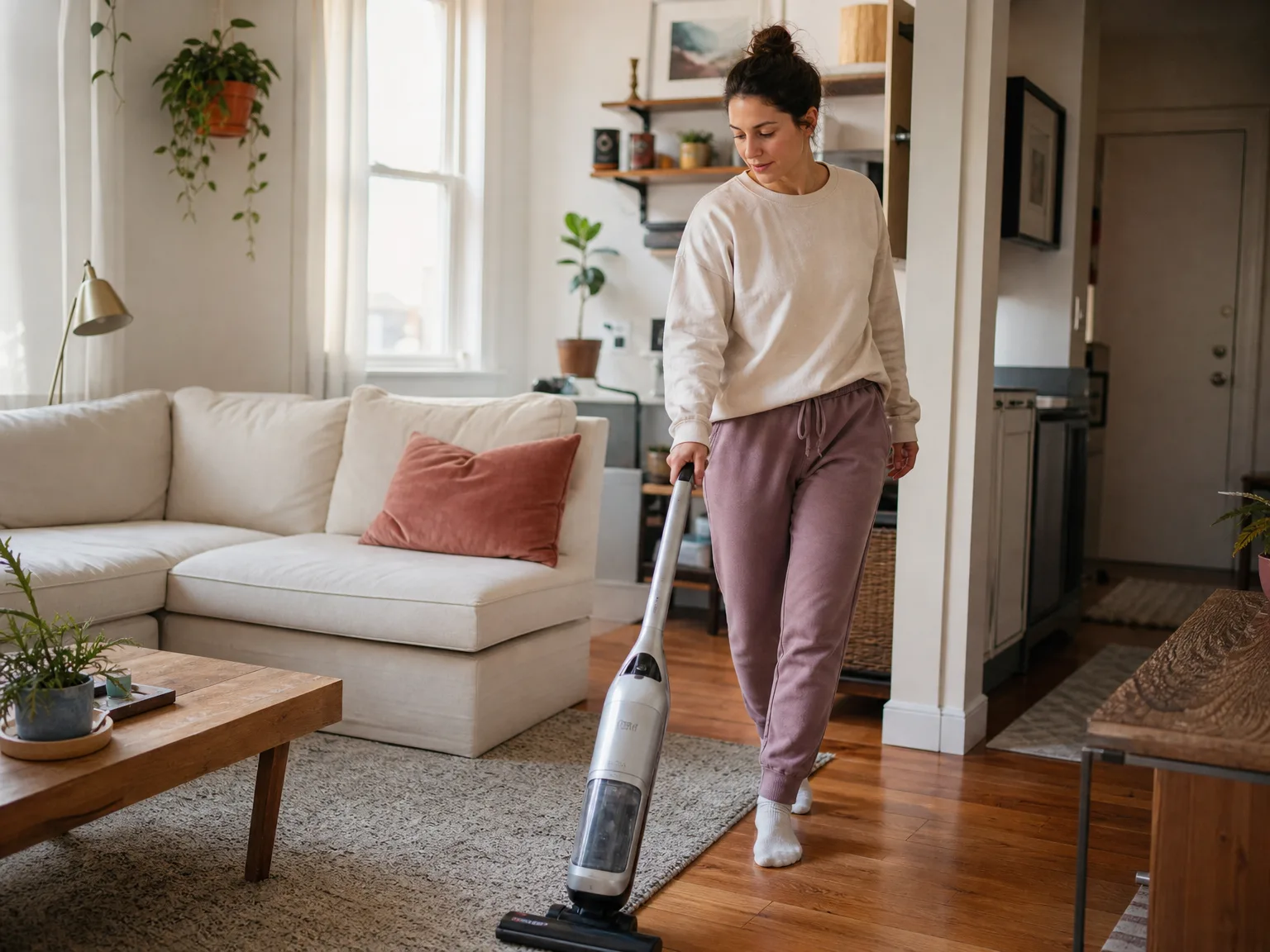 A woman in her early thirties guiding a lightweight upright vacuum across mixed carpet and hardwood in a sunlit small apartment