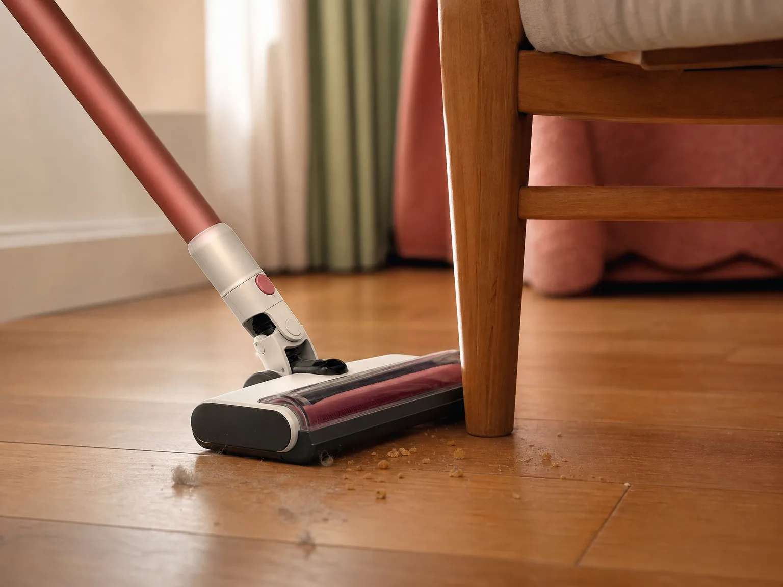 Close-up of a slim stick vacuum swivel floor head pivoting around a chair leg on warm hardwood