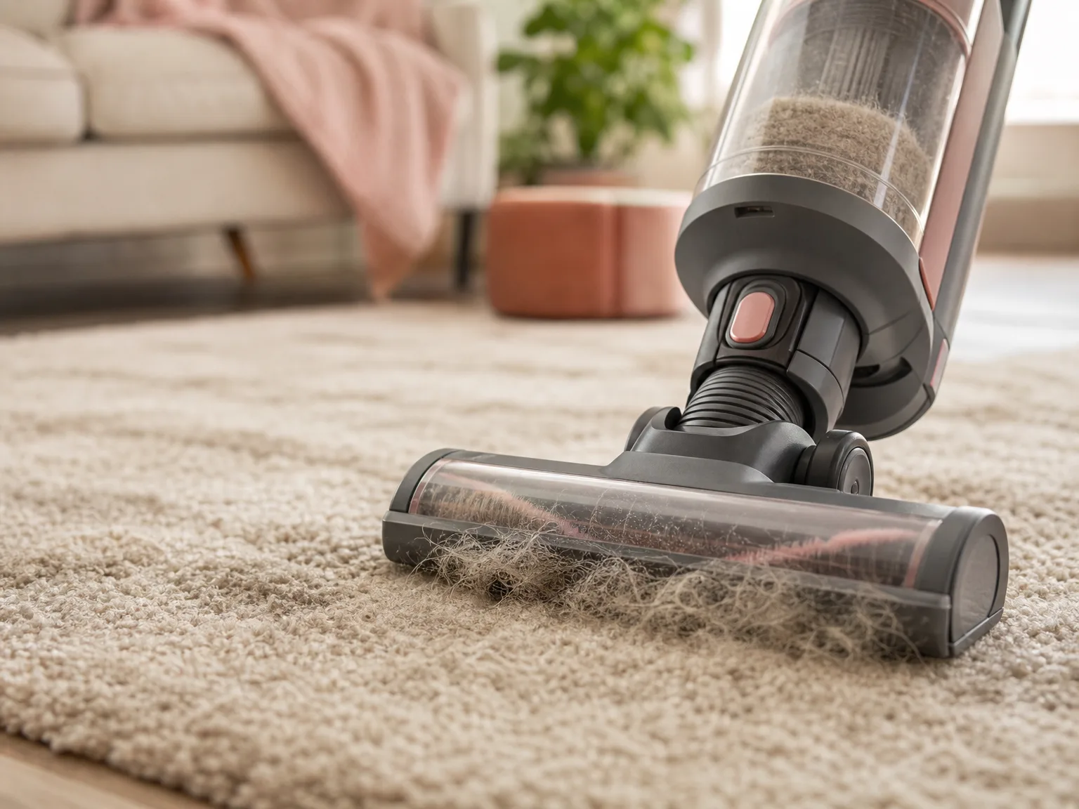 Close-up of an upright vacuum brush head lifting pet hair and fine dust from a beige area rug