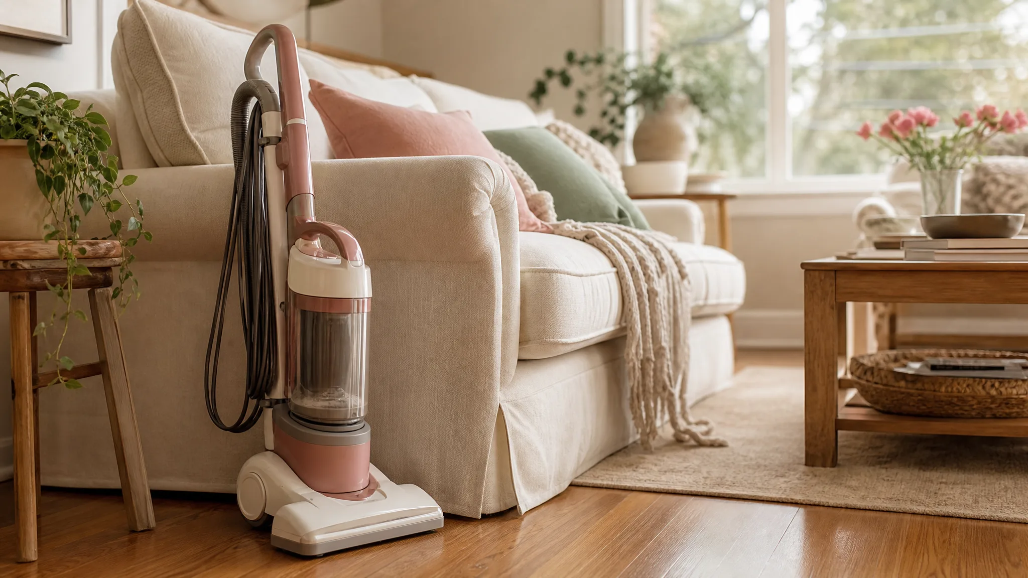 A corded upright vacuum parked on warm hardwood beside a cream sofa in a sunlit living room