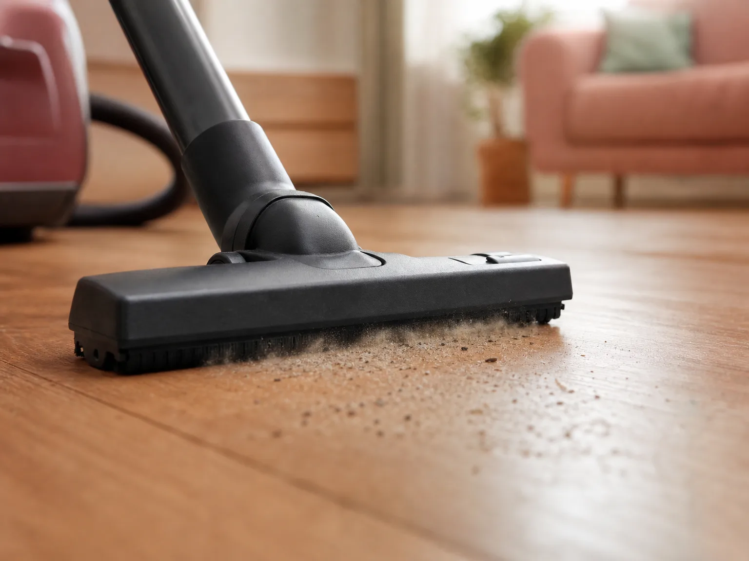 Close-up of a canister vacuum floor head lifting fine dust from warm hardwood flooring