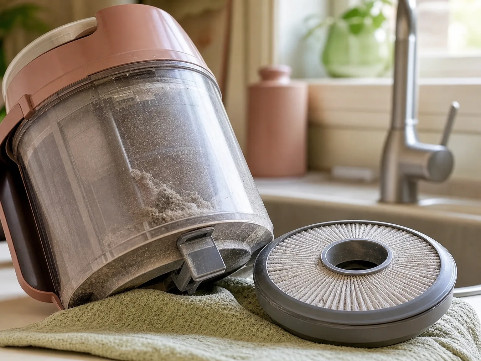 Close-up of a bagless canister vacuum dust bin and flat washable filter beside a sink