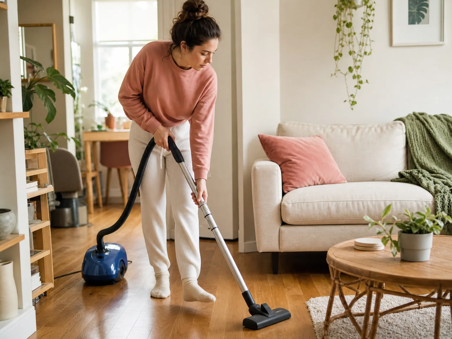 Woman using a lightweight blue canister vacuum on hardwood floors in a small sunlit apartment