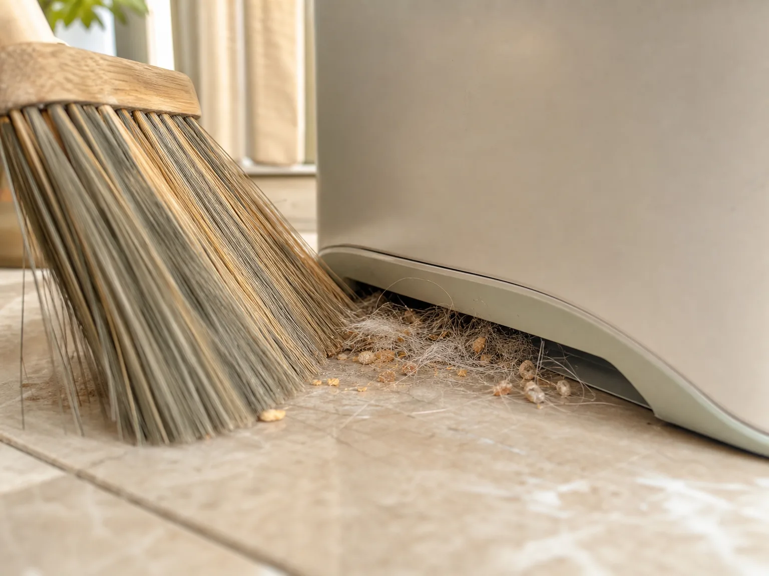 Close-up of a person sweeping pet hair toward an automatic dustpan vacuum on a cream tile kitchen floor, warm window light, shallow depth of field
