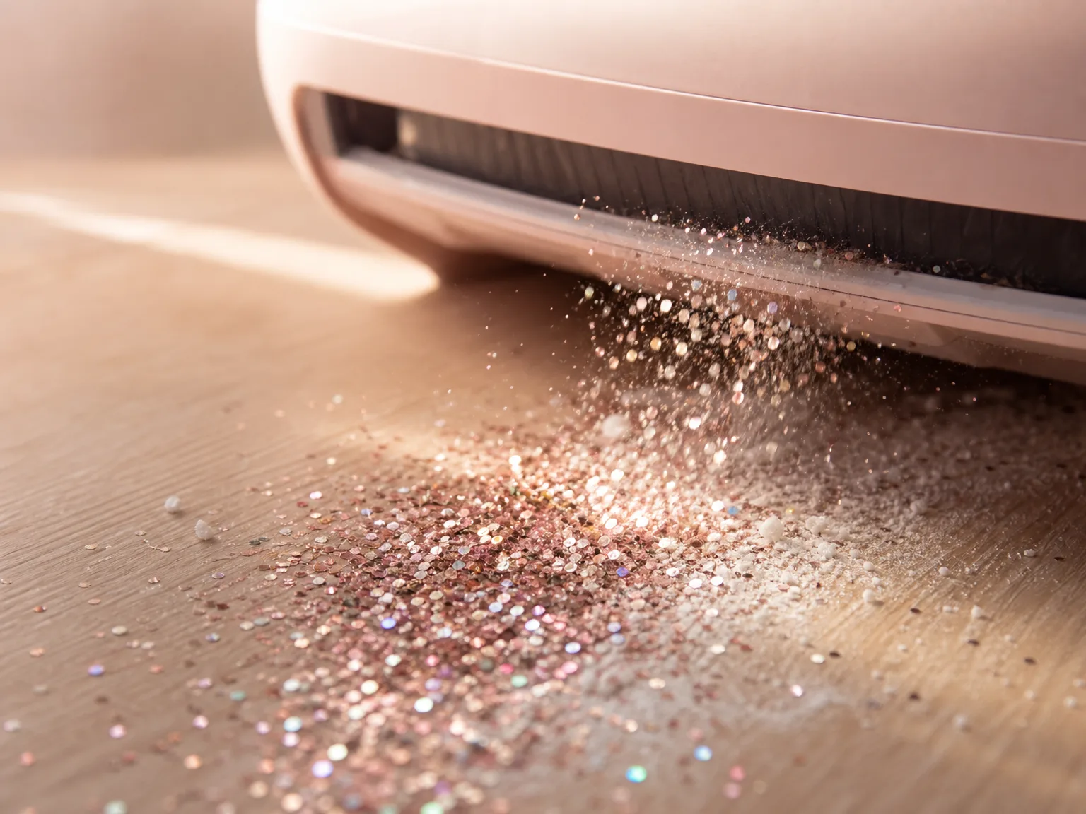 Close-up of crumbs and fine glitter being pulled into a touchless dustpan vacuum inlet on a light wood floor, macro shot with warm natural light