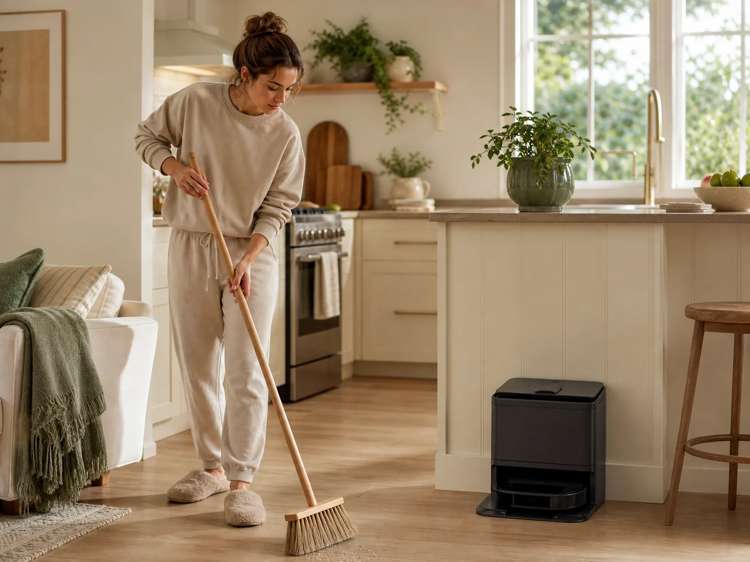 A woman in her thirties sweeping a kitchen floor while an automatic dustpan vacuum sits against the baseboard, warm sunlit kitchen with cream tile and soft sage accents