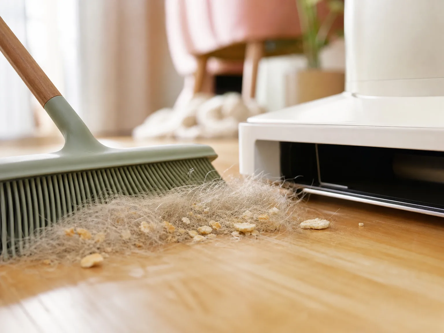 Close-up of a silicone-bristle broom pushing pet hair and crumbs toward the intake slot of a touchless dustpan on warm hardwood, warm window light