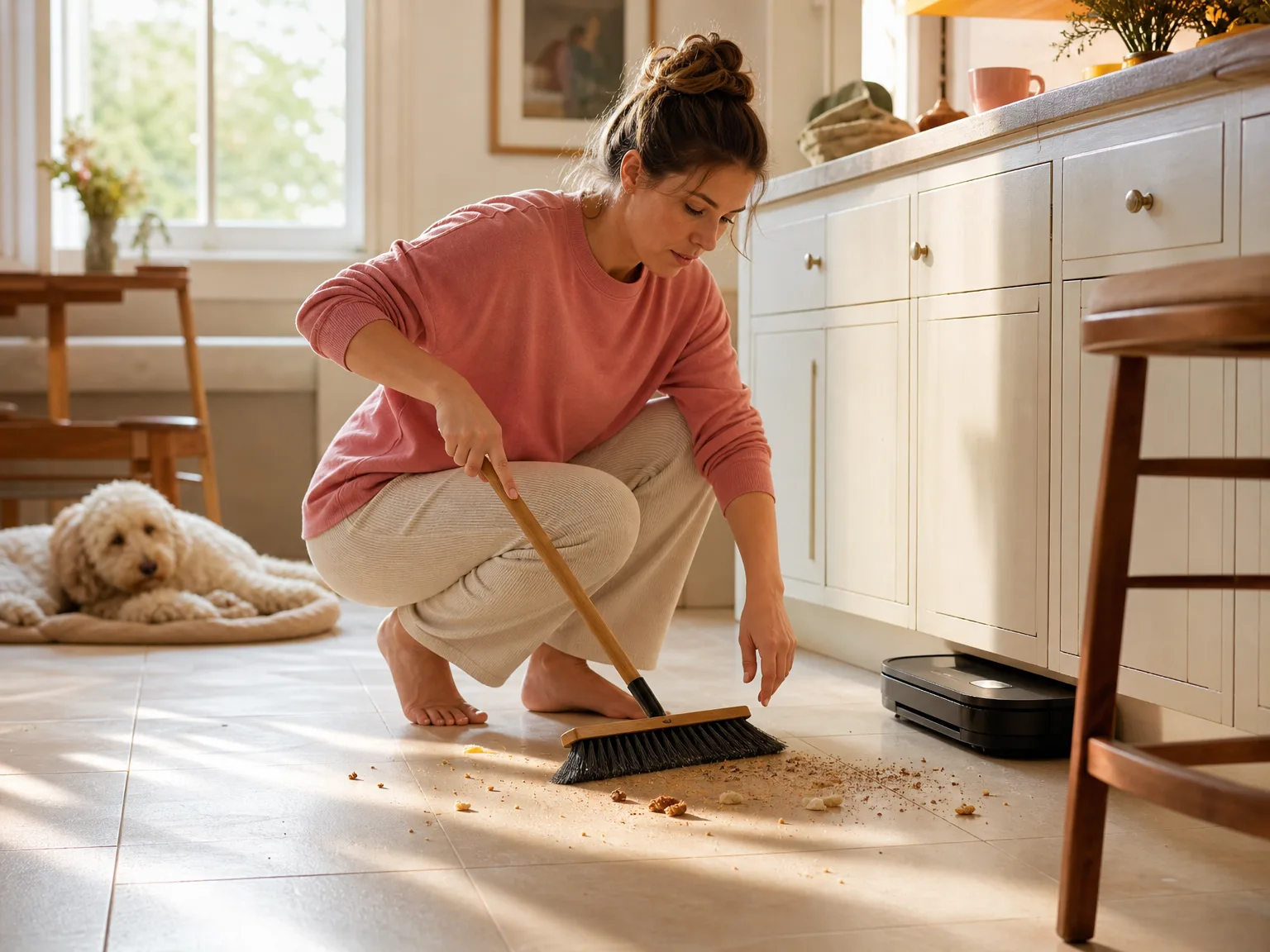 A woman in her early thirties sweeping crumbs across a sunlit tile kitchen floor toward a low black touchless dustpan base beside the cabinets