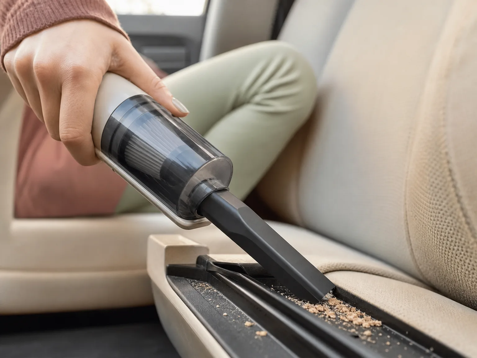 Close-up of a slim cordless handheld vacuum crevice nozzle clearing crumbs from a car seat rail, warm window light