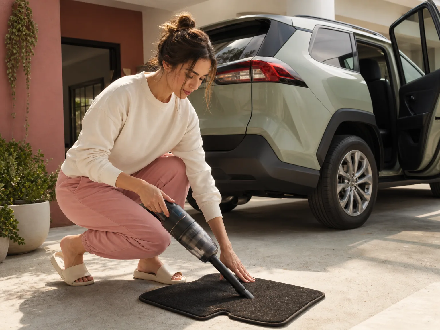 A woman in her early thirties using a slim cordless handheld vacuum on a car floor mat in a sunlit driveway