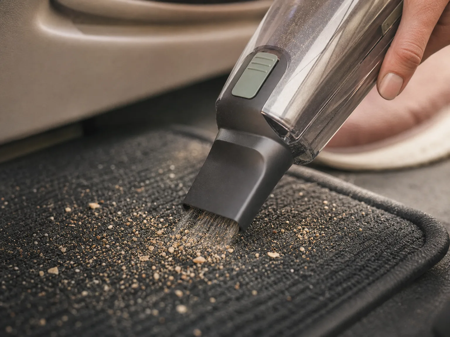 Close-up of a handheld vacuum nozzle lifting crumbs and fine grit from a dark car floor mat