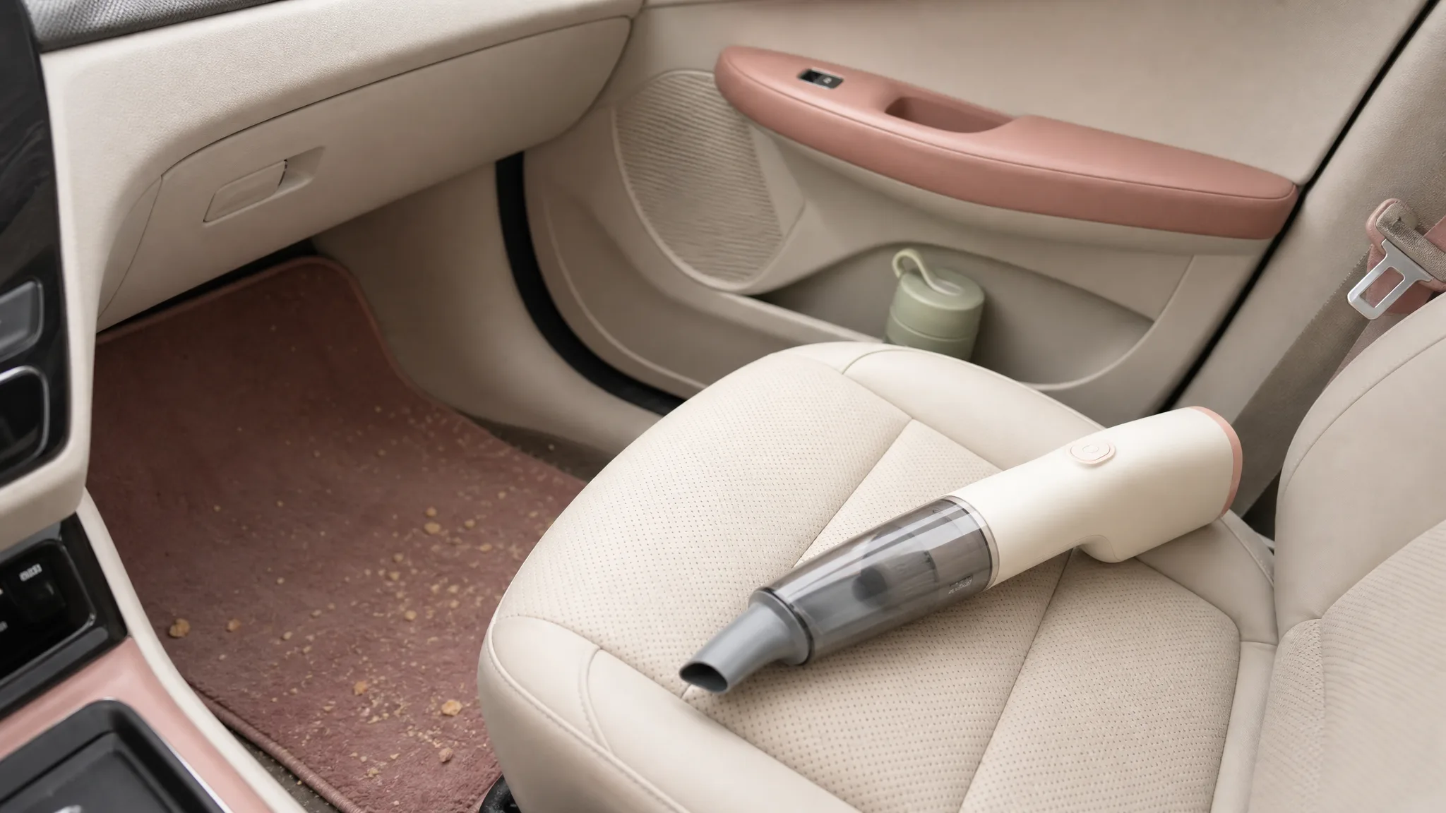 A compact cordless handheld vacuum resting on a car seat beside crumb-dusted floor mats in soft morning light