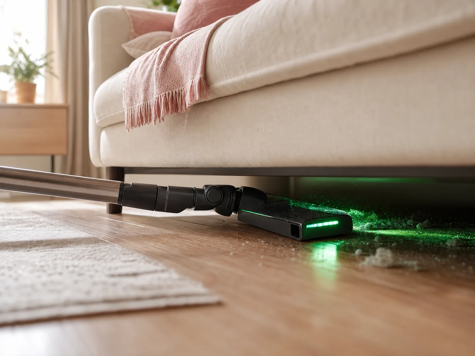 Close-up of a vacuum wand folded at 180 degrees reaching deep under a low-profile sofa on a cream hardwood floor, the green LED headlight illuminating the dark space underneath