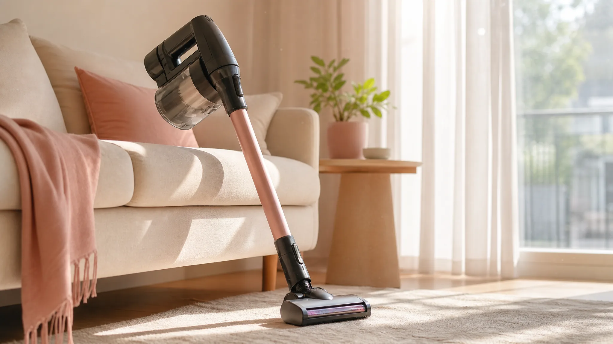 A cordless stick vacuum leaning against a cream sofa in a sunlit modern living room, the wand folded at 180 degrees, morning light streaming through a window