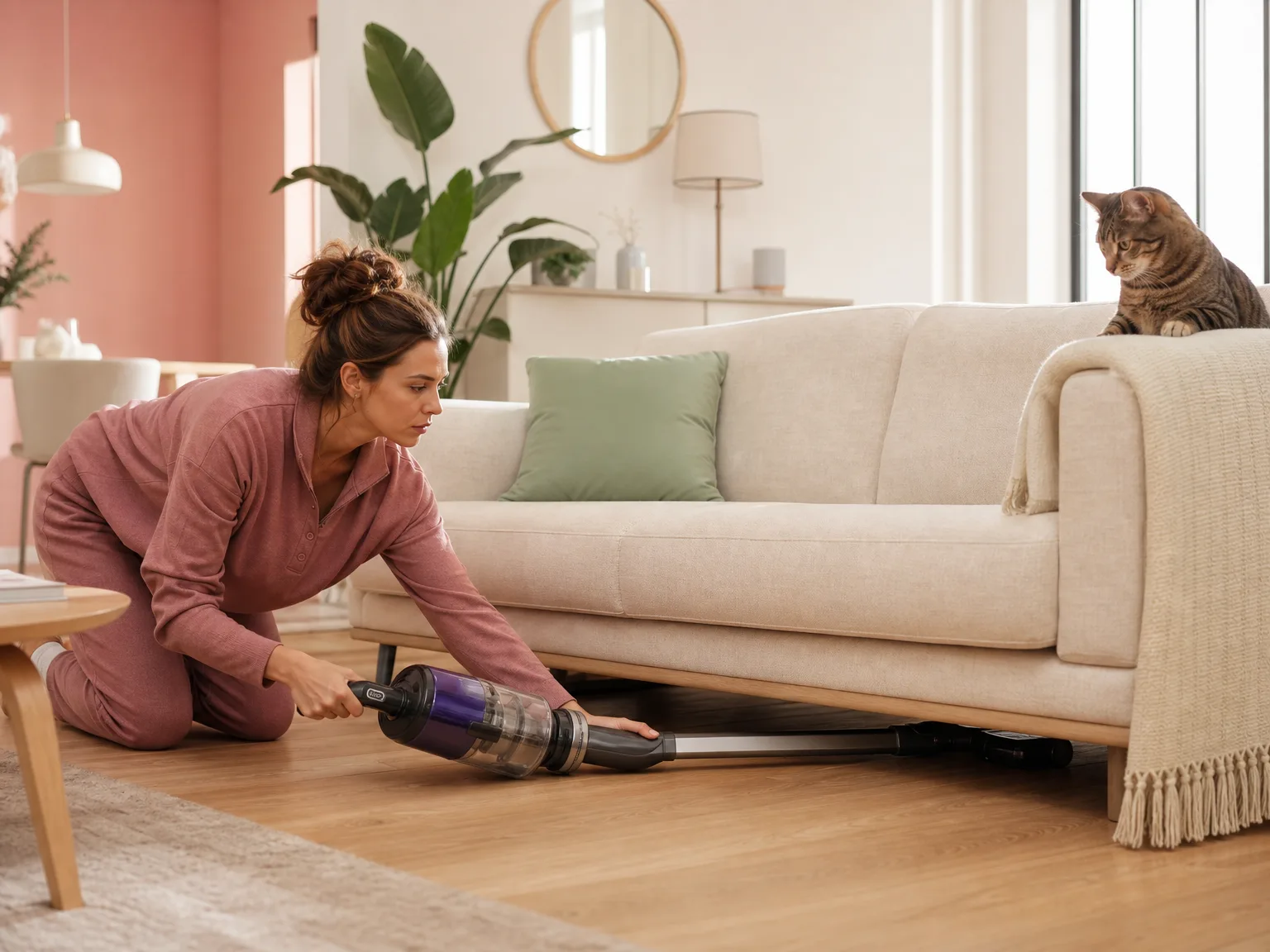 A woman in casual loungewear vacuuming a hardwood floor in a bright modern living room, the vacuum wand folded to reach under a low sofa, a cat sitting on the armrest watching