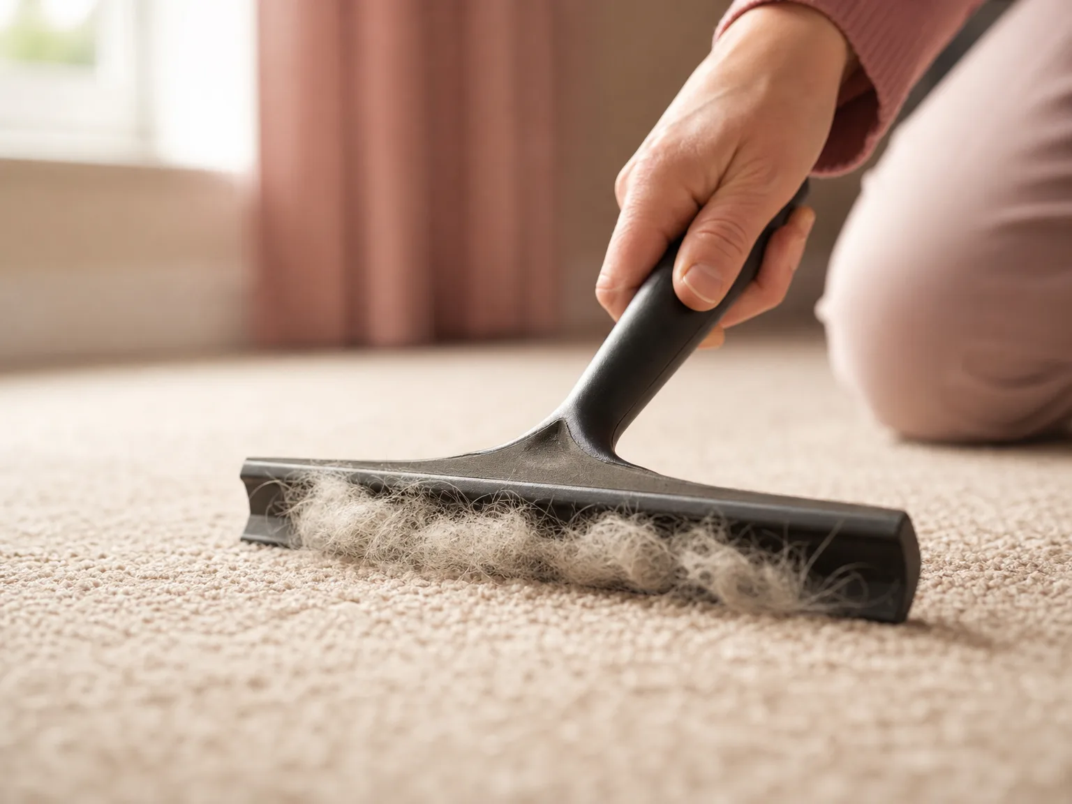 A close-up of a rubber squeegee pulling clumped pet hair from a beige carpet