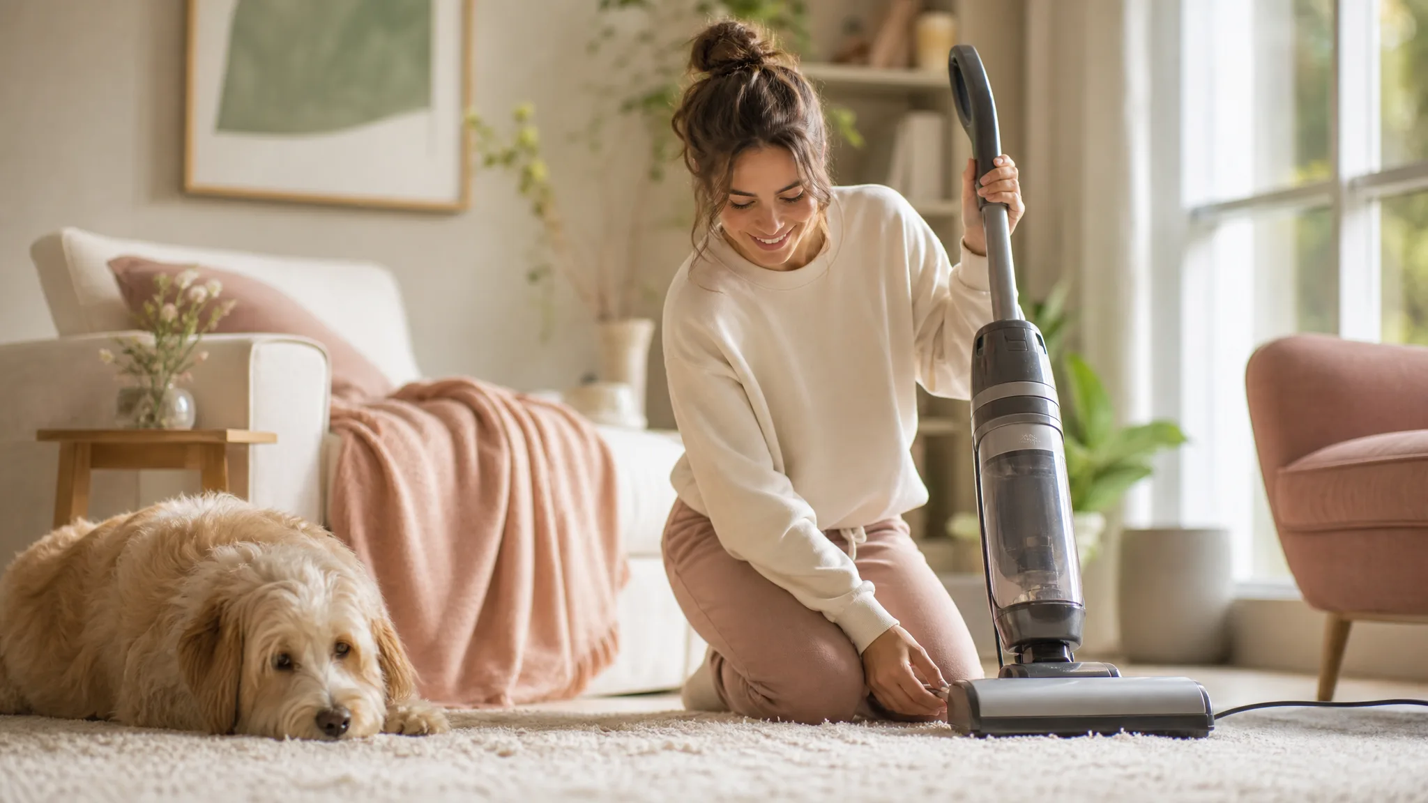 A dog resting on a cream rug in a sunlit living room while a person kneels beside an upright vacuum