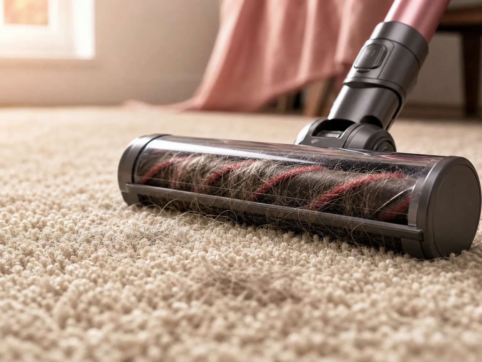 Close-up of the HFFLH vacuum brush head lifting visible pet hair from a beige carpet