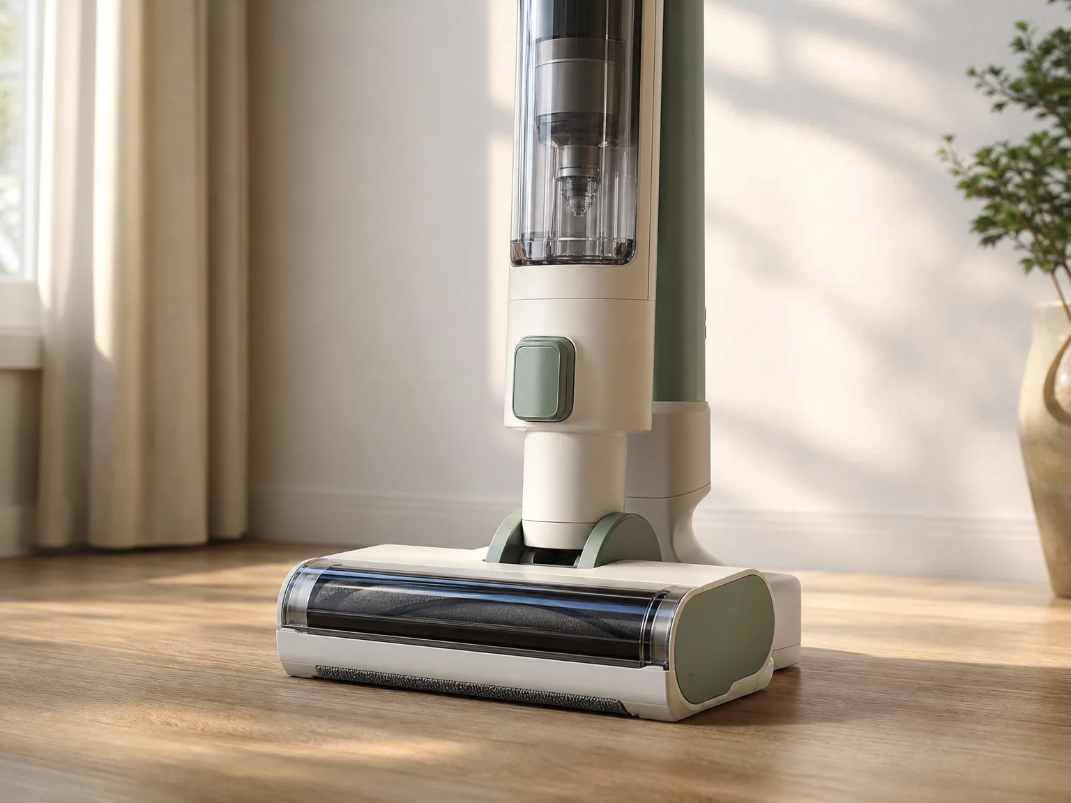 The HFFLH vacuum standing upright on its own in a living room, no wall support needed