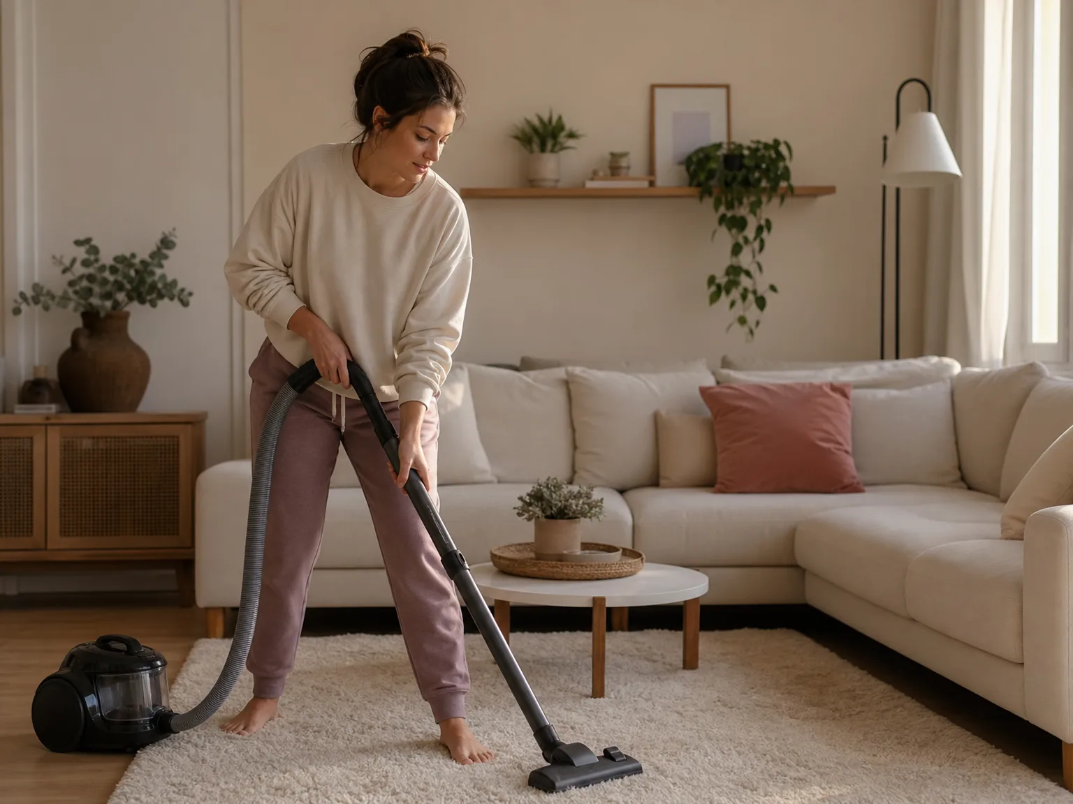 A woman in her early thirties vacuuming a living room rug with the HFFLH cordless stick vacuum, warm natural light