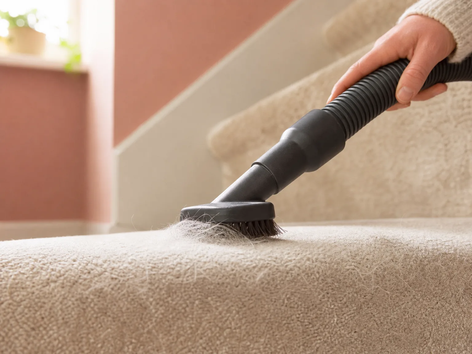Close-up of a lightweight canister vacuum hose and tool lifting pet hair from a stair tread