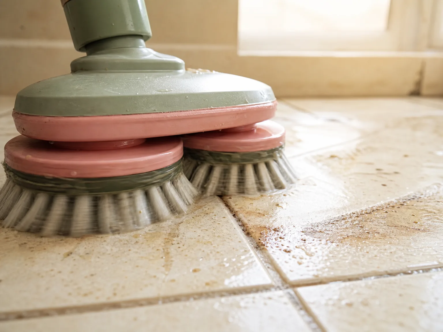 Close-up of counter-rotating scrub brushes working dried kitchen grease off sealed tile grout in warm window light
