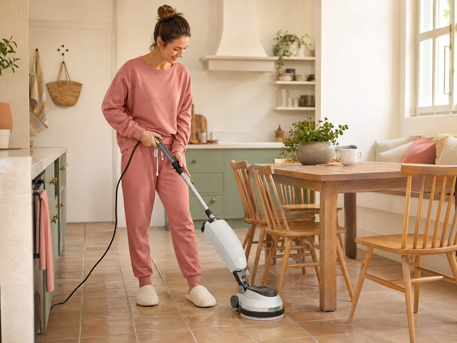 Woman scrubbing sealed kitchen tile with a corded hard floor cleaner beside a dining table in morning light