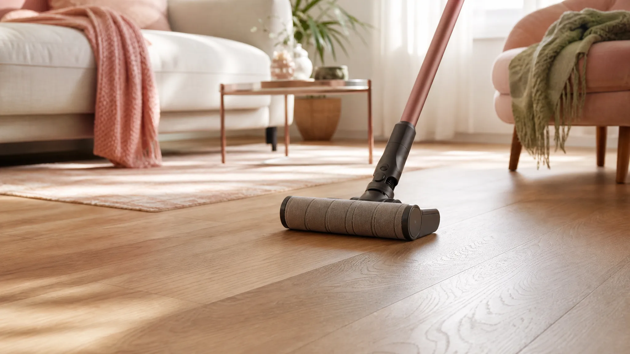 Sunlit hardwood living room floor with a soft-roller stick vacuum resting nearby, warm cream tones