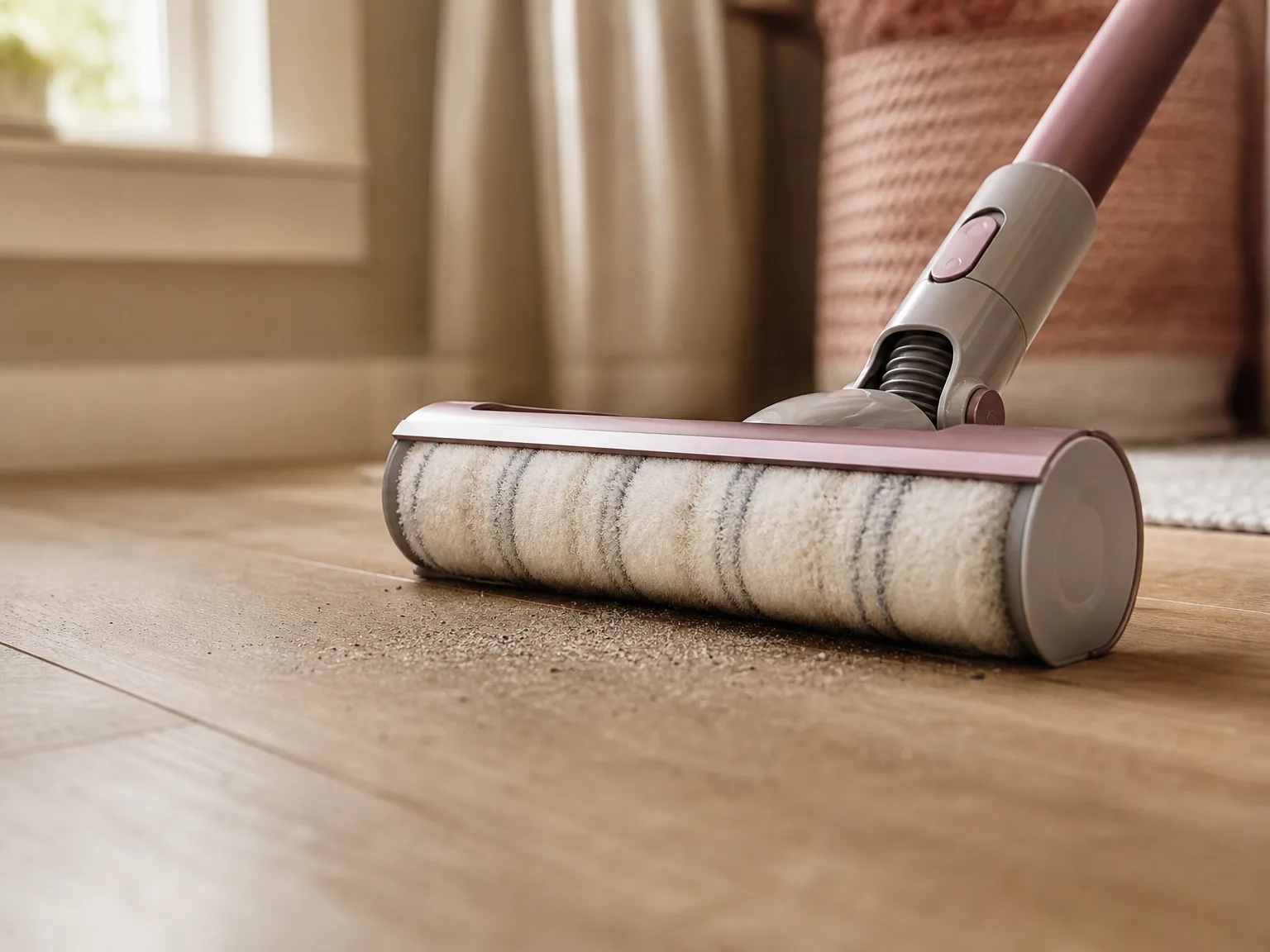 Close-up of a soft fluffy vacuum roller head gliding over a sealed hardwood plank floor