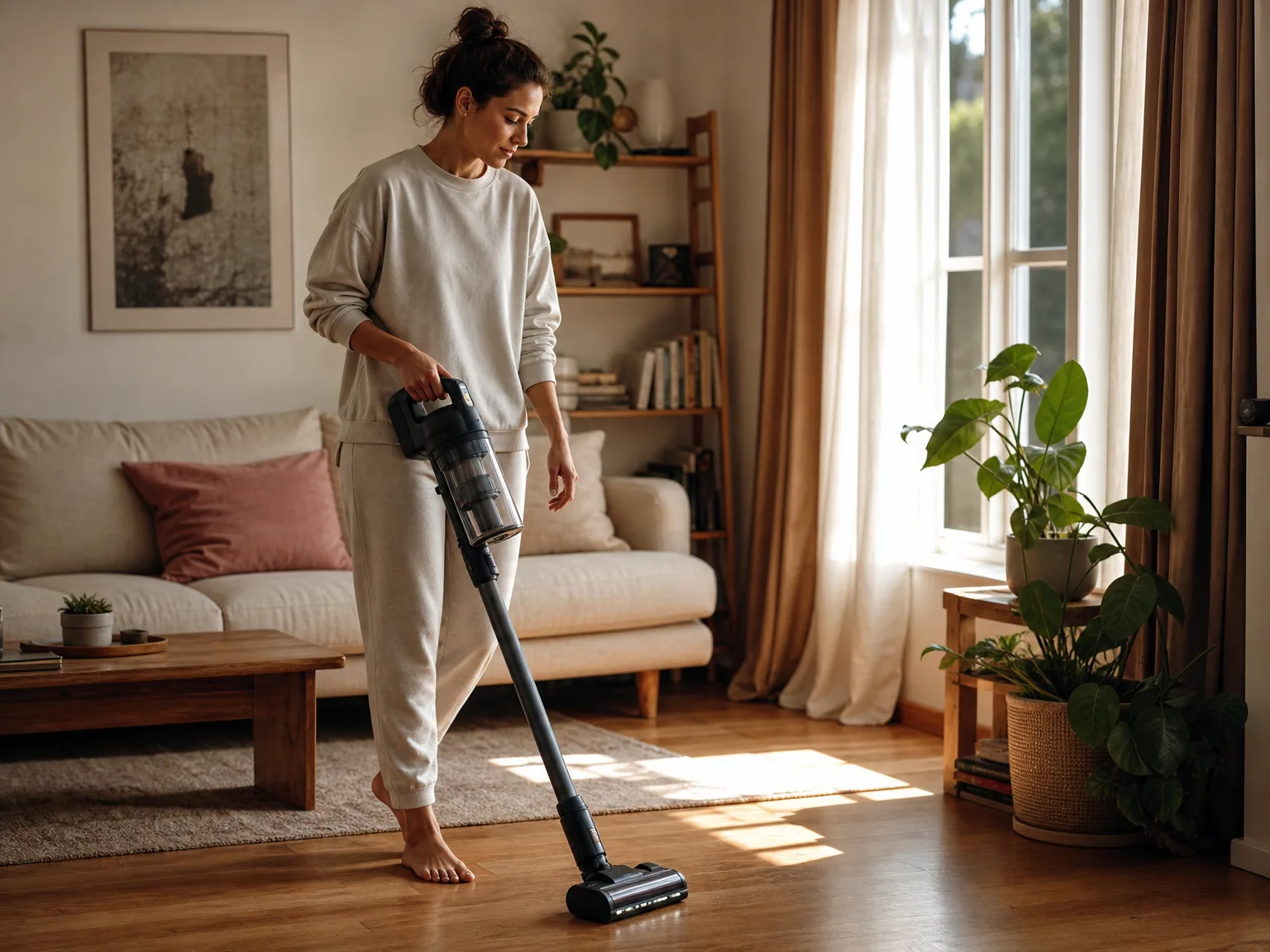 Person guiding a cordless stick vacuum slowly along hardwood floorboards toward a sunny window