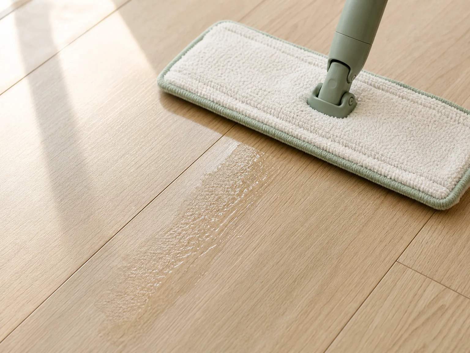 Barely damp microfiber mop pad wiping a sealed hardwood floor, thin moisture trail drying quickly