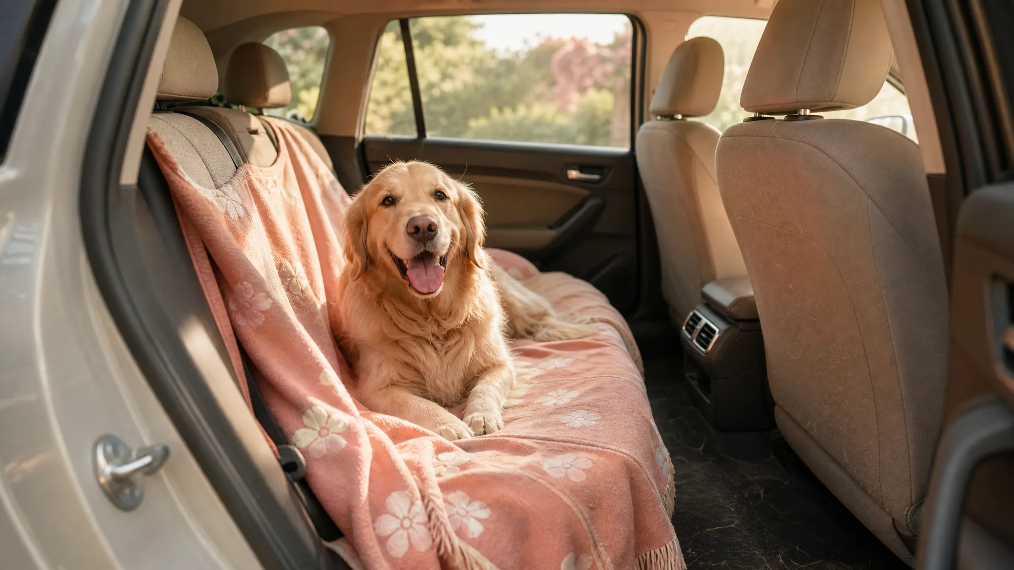 A car interior with a dog blanket on the back seat and visible pet hair on the upholstery, warm afternoon light through the windows