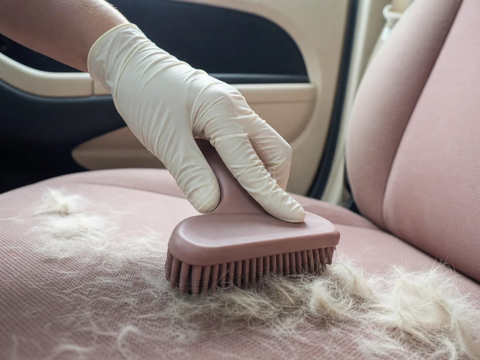 A gloved hand dragging a rubber pet brush across a car seat, pet hair gathering into loose clumps on the fabric