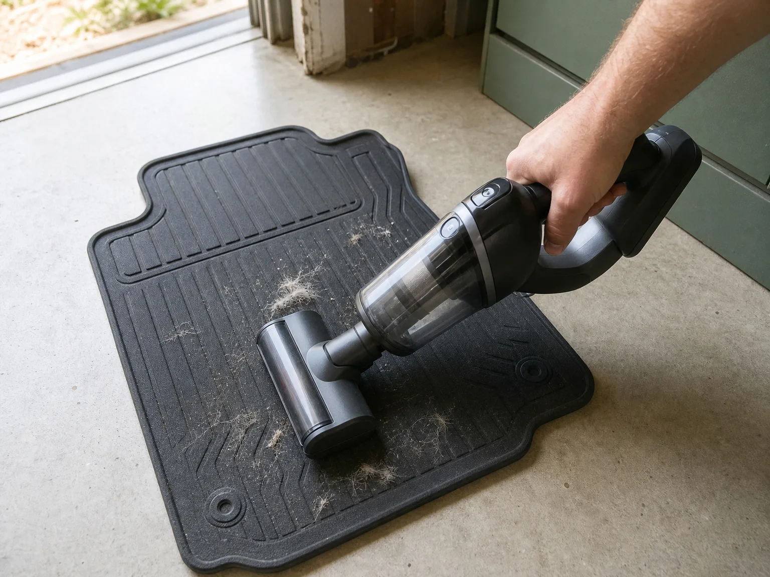 A car floor mat laid on a garage floor being cleaned with a handheld vacuum's motorized brush head, loosened pet hair visible
