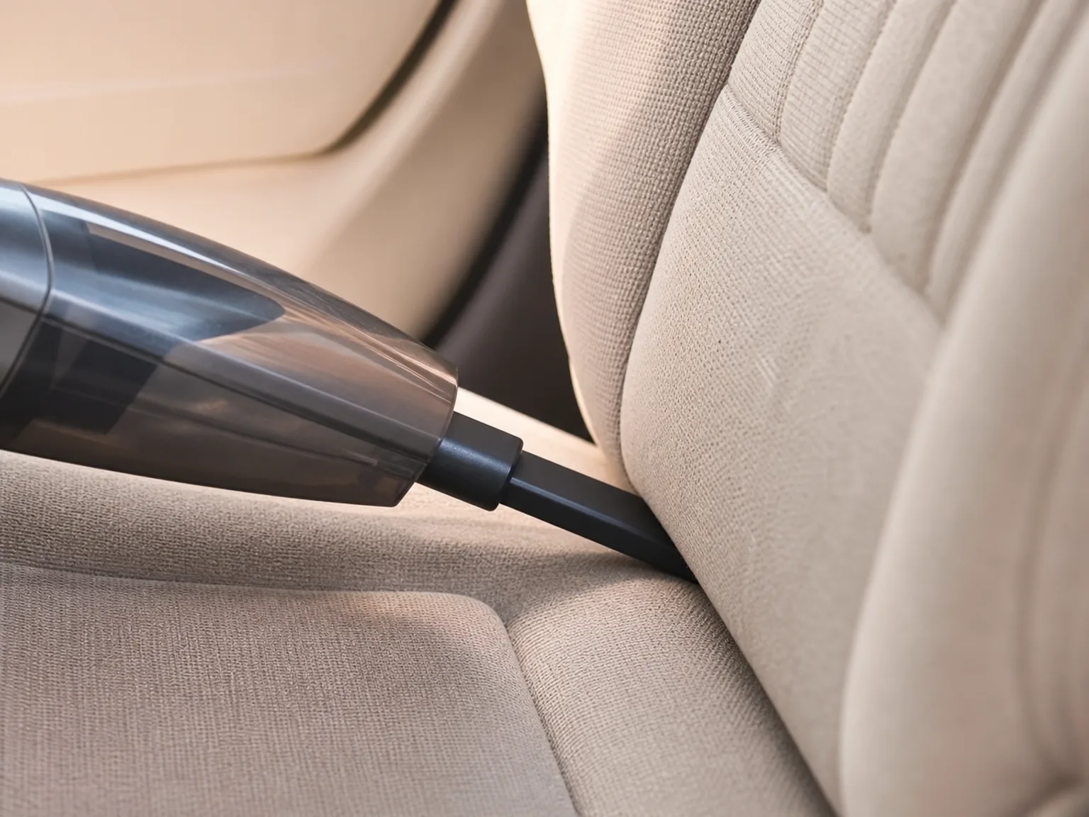 A handheld vacuum crevice tool reaching into the gap between a car seat back and seat bottom, close-up detail